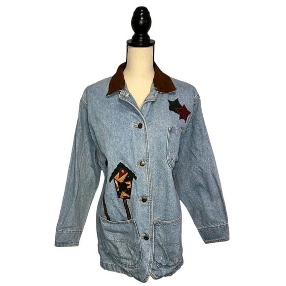 VTG Sunbelt Jacket Women's Blue Denim Birds House Embroidered Size Small Cotton - Picture 2 of 7